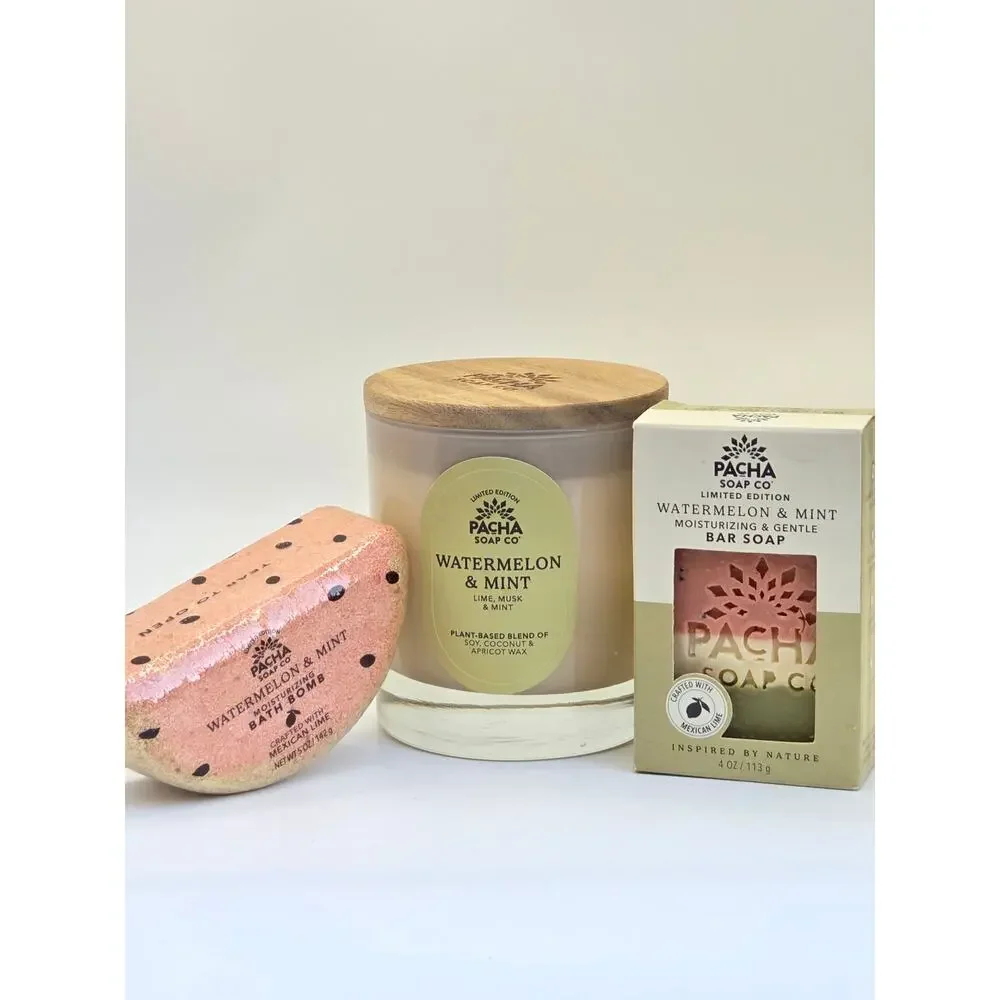 Pacha Soap Co Watermelon & Mint 3 Piece Bath Body Candle Gift Set